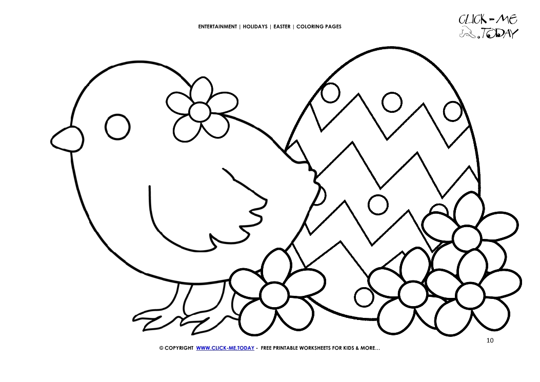 Easter Coloring Page:10 Easter Chick with Egg & Flowers